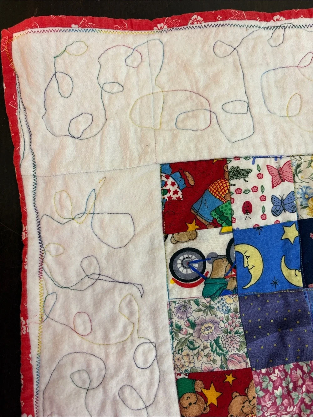 Handmade Multicolor Patchwork Baby Quilt - Red Border